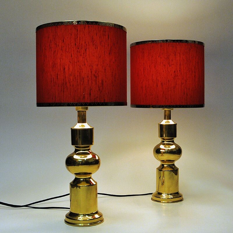 Pair of Swedish vintage brass table lamps with red shades by Aneta, 1970s
