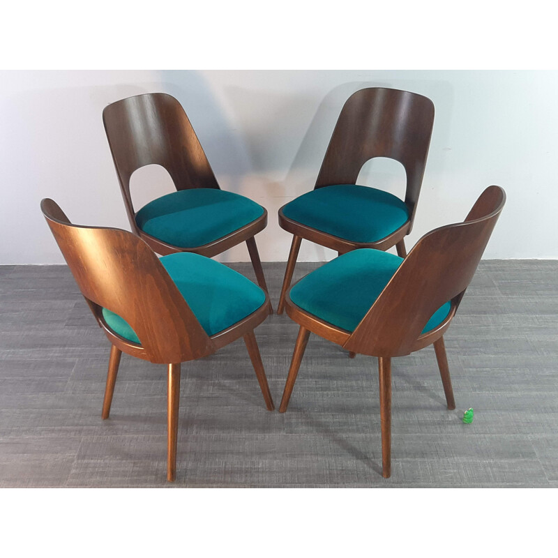 Set of 4 vintage Czech chairs Ton 515 in walnut and blue fabric by Oswald Haerdtl, 1955