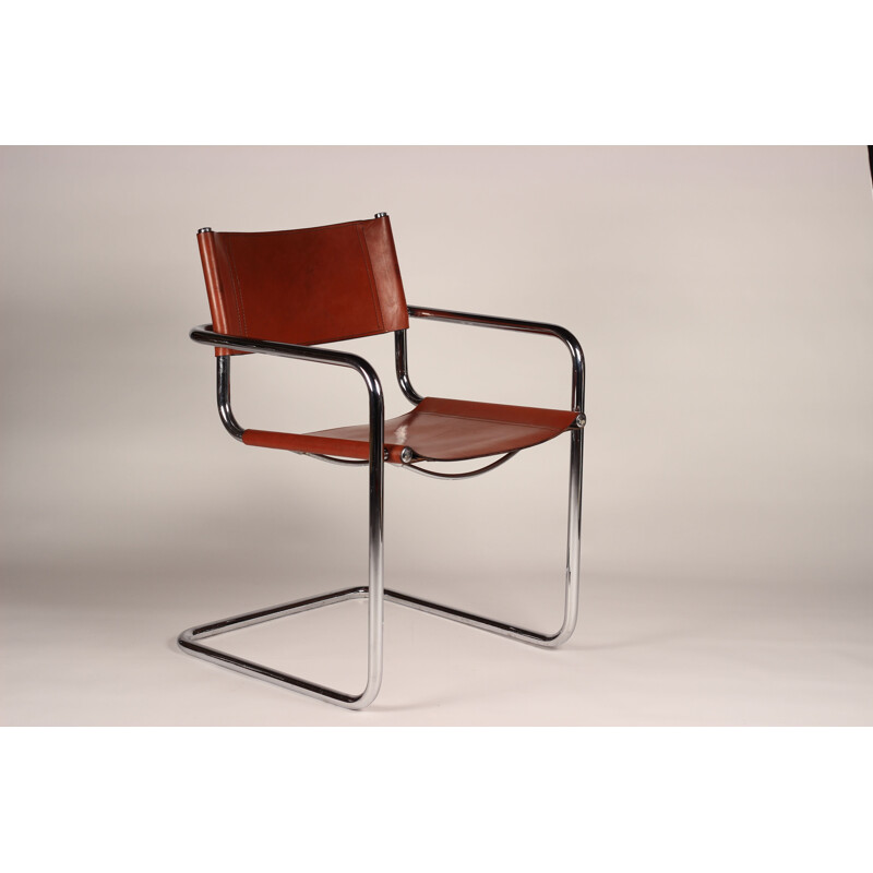 Vintage-Freischwinger-Sesseln und cognacfarbenem Leder 4 Chrom Set aus in