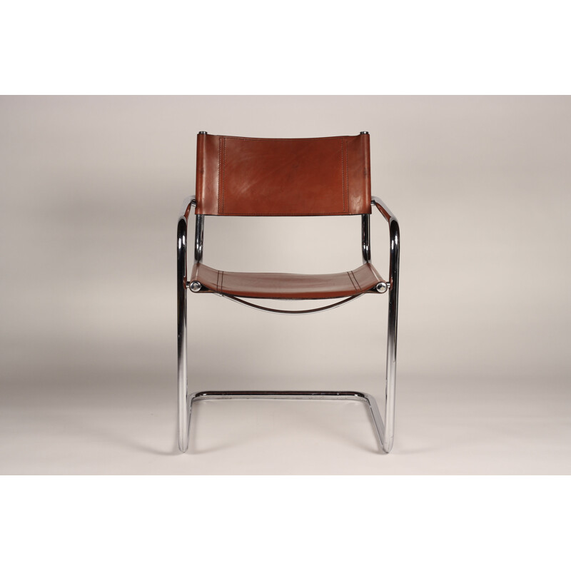 Ensemble de 4 fauteuils vintage cantilever en cuir cognac et chrome