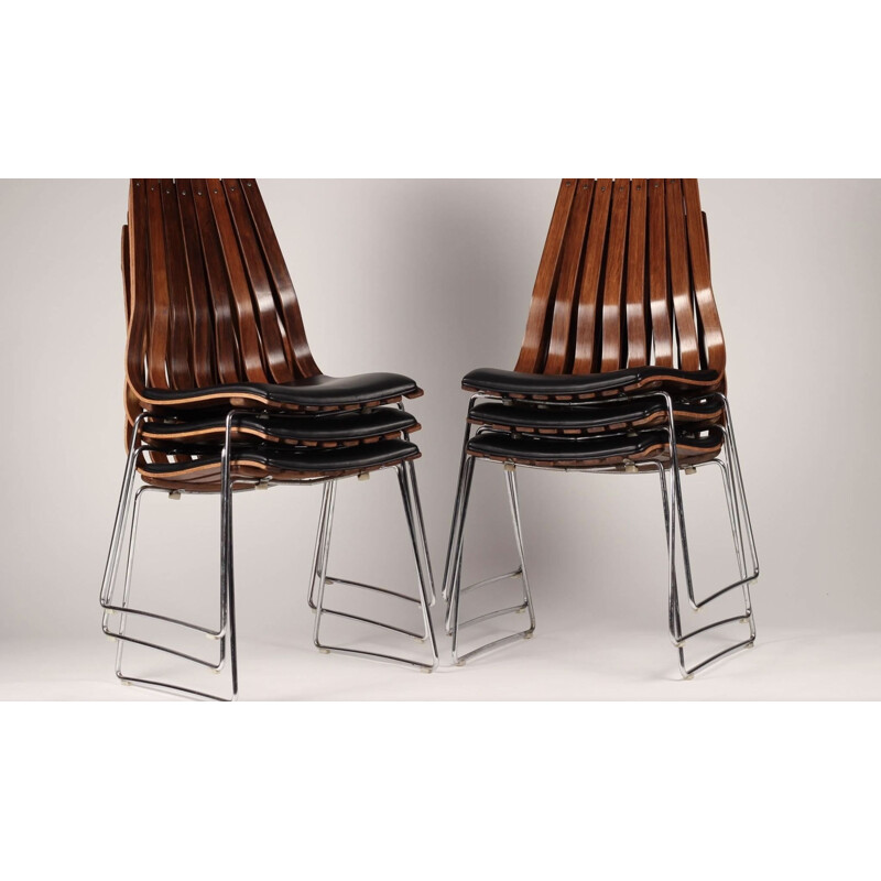 Ensemble de 6 chaises scandinaves vintage en palissandre par Hans Brattrud, 1958