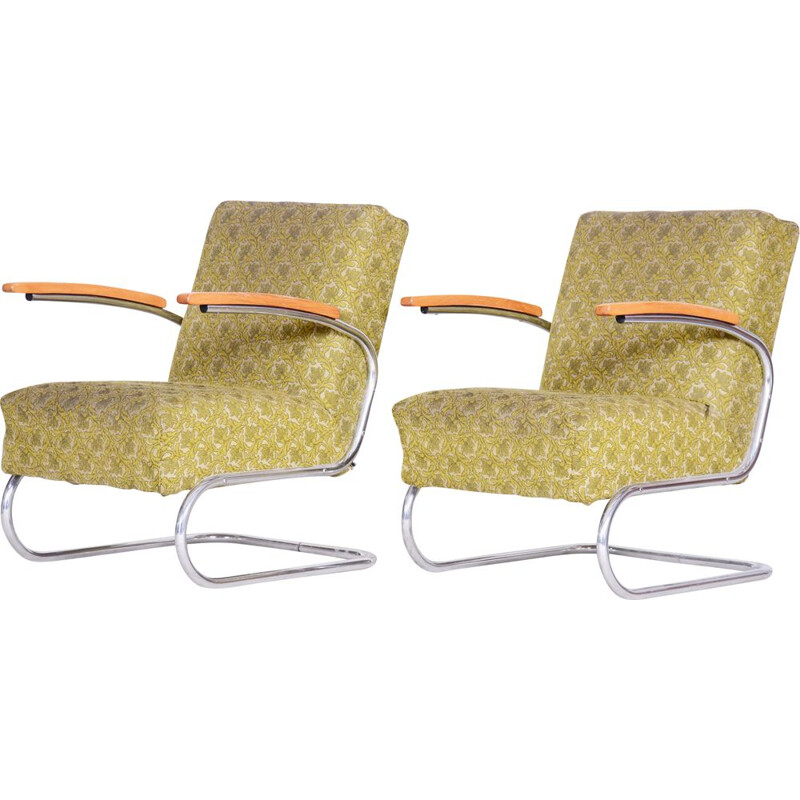 Pair of vintage green beech and chrome steel armchairs by Mucke Melder, 1930