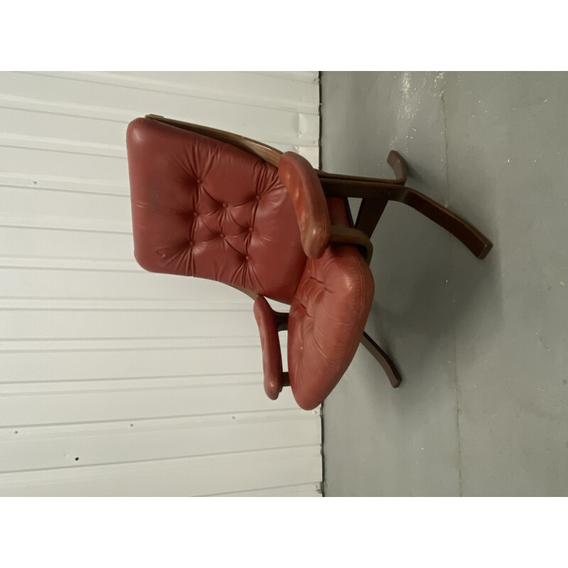 Vintage stained beechwood and leather armchair and footrest by Velledalen Mobler, Denmark