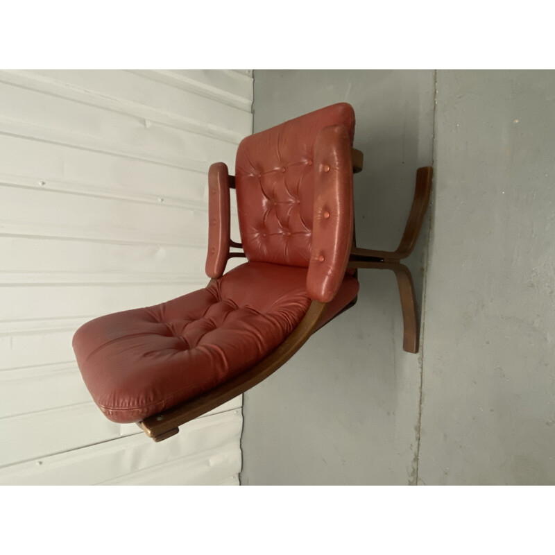 Vintage gebeitst beukenhout en lederen fauteuil en voetensteun van Velledalen Mobler, Denemarken