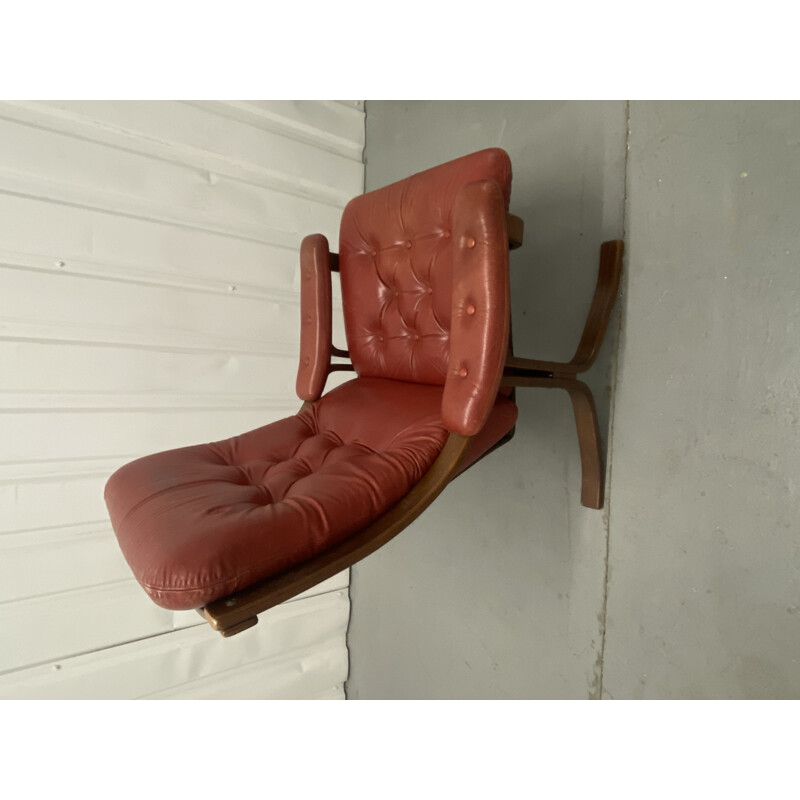 Vintage stained beechwood and leather armchair and footrest by Velledalen Mobler, Denmark