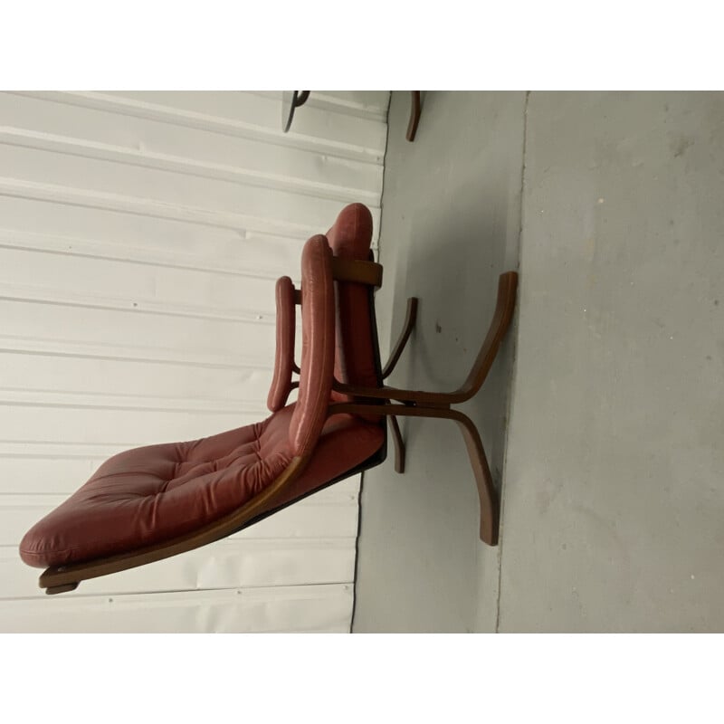 Vintage stained beechwood and leather armchair and footrest by Velledalen Mobler, Denmark