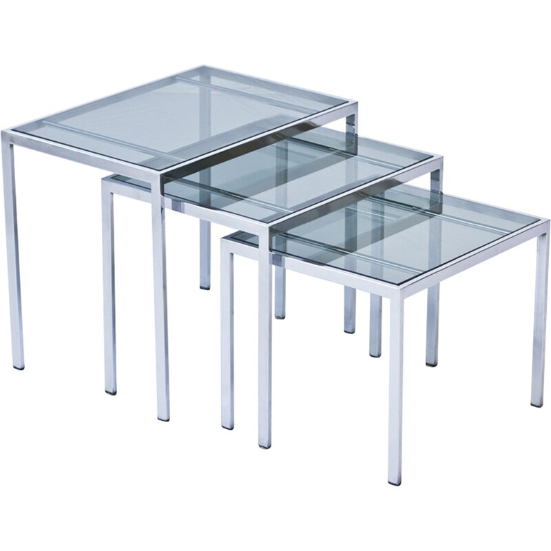 Ensemble de 3 tables gigognes en verre et métal - 1970
