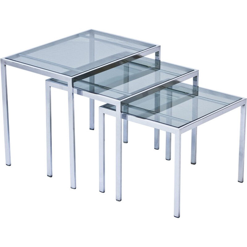 Set of 3 nesting tables in glass and metal - 1970s