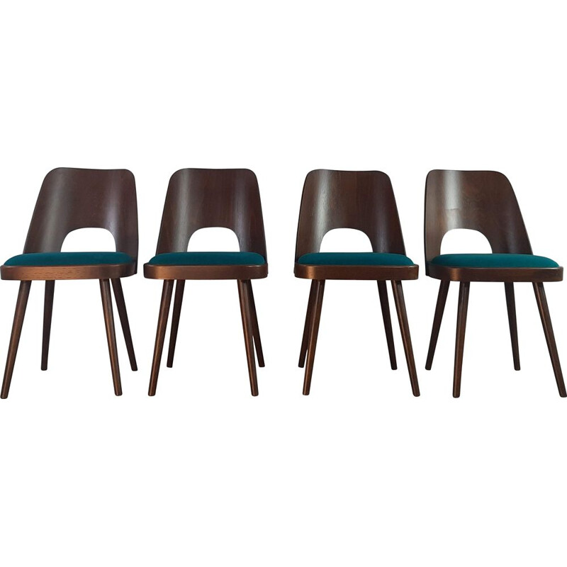 Set van 4 vintage Tsjechische stoelen Ton 515 in walnoot en blauwe stof van Oswald Haerdtl, 1955