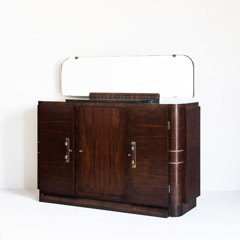 Vintage Art Deco highboard with mirror and black marble, France 1940