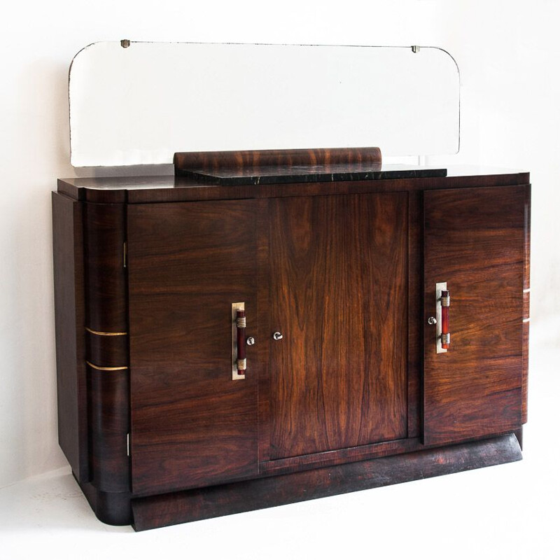 Vintage Art Deco dressoir met spiegel en zwart marmer, Frankrijk 1940