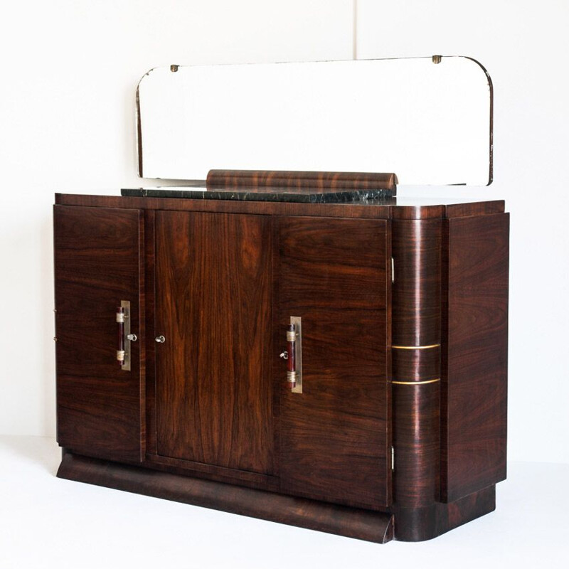 Vintage Art Deco dressoir met spiegel en zwart marmer, Frankrijk 1940