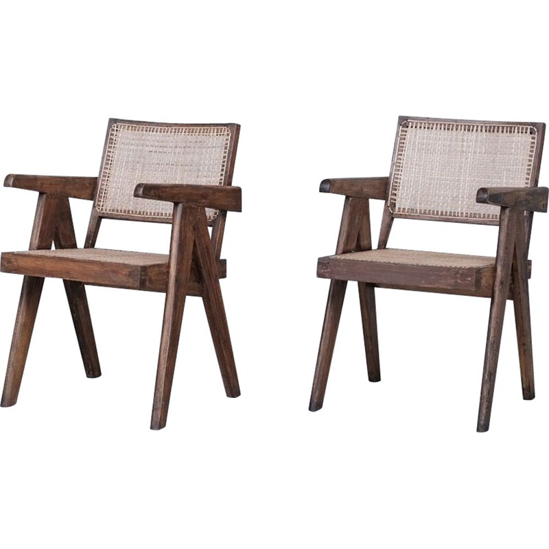 Pareja de sillas de escritorio vintage PJ-SI-28-B de Pierre Jeanneret, India 1955