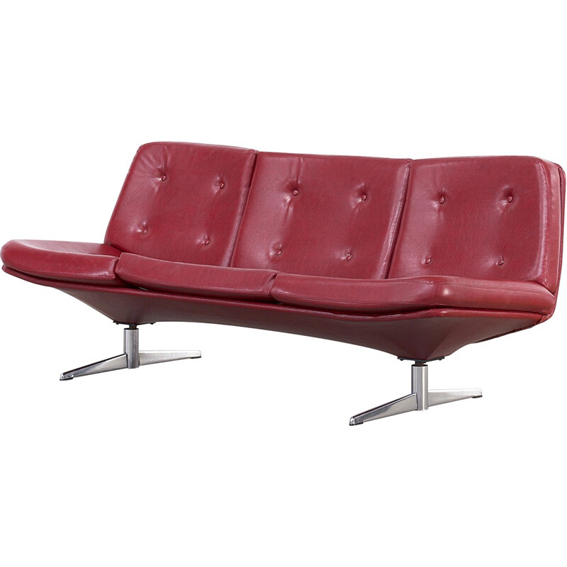 Vintage 3 seater sofa in red leatherette - 1960s