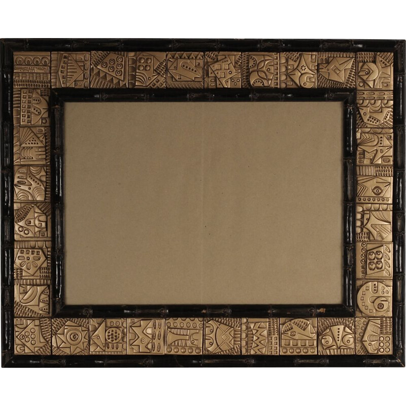 Mid-century faux bamboo frame with relief tile border by Ron Hitchins