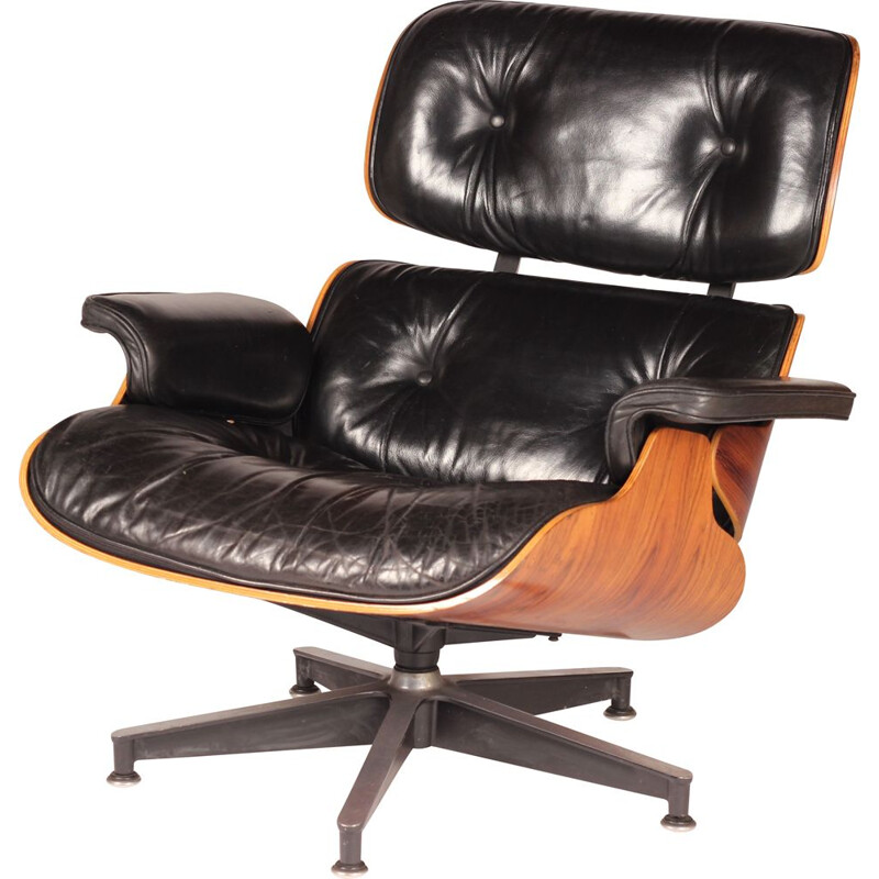 Poltrona vintage 670 in palissandro e pelle di Charles e Ray Eames per Herman Miller