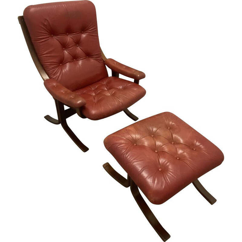 Vintage stained beechwood and leather armchair and footrest by Velledalen Mobler, Denmark