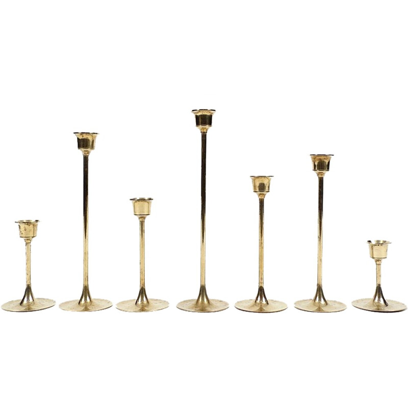 Set of 7 Scandinavian brass candle holders - 1960s