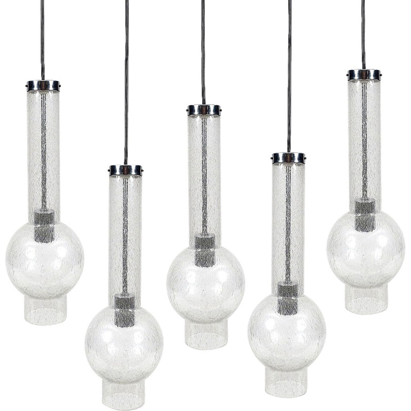 Set of 5 German Staff Leuchten hanging lamps in chromed metal and glass - 1970s