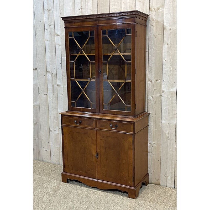 Vintage English highboard with 2 glass bodies in yew, 1950
