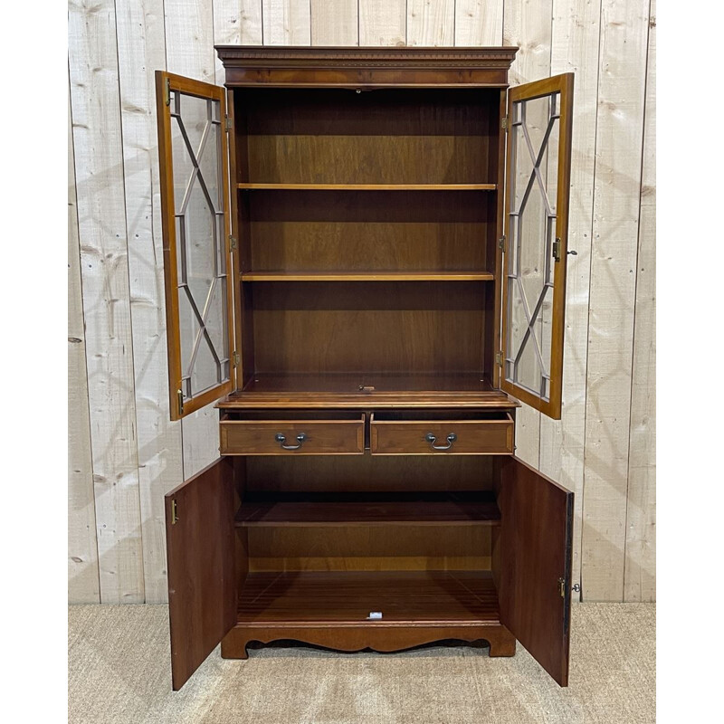 Vintage English highboard with 2 glass bodies in yew, 1950