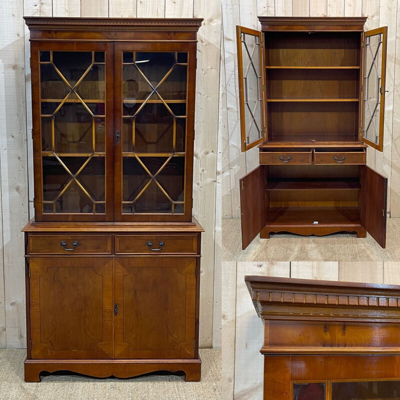 Vintage English highboard with 2 glass bodies in yew, 1950