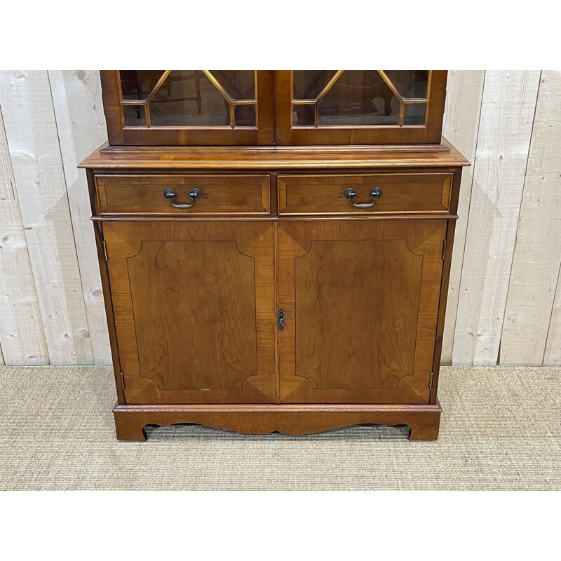 Vintage English highboard with 2 glass bodies in yew, 1950