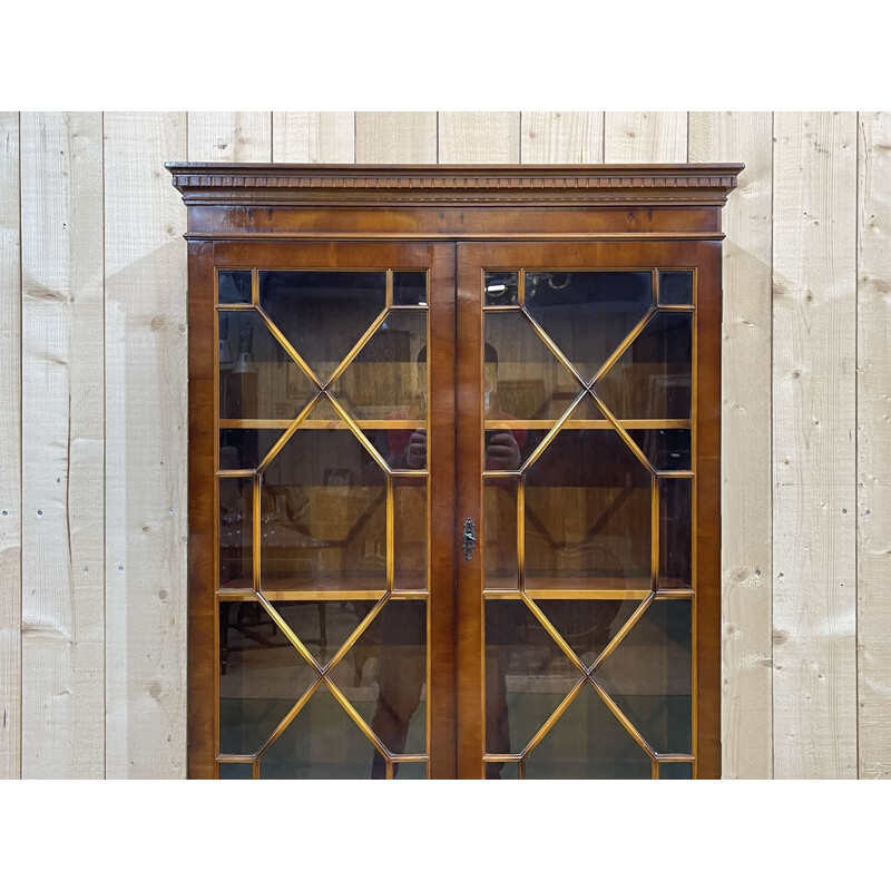 Vintage English highboard with 2 glass bodies in yew, 1950