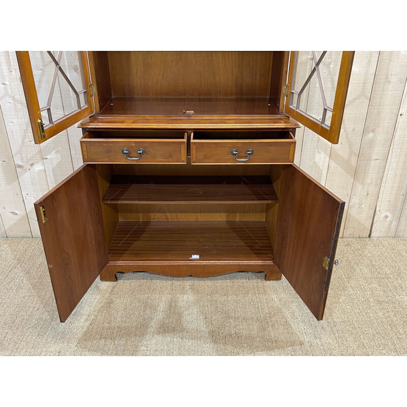 Vintage English highboard with 2 glass bodies in yew, 1950