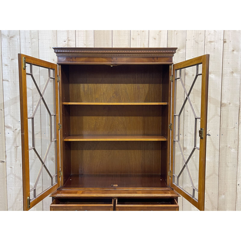 Vintage English highboard with 2 glass bodies in yew, 1950