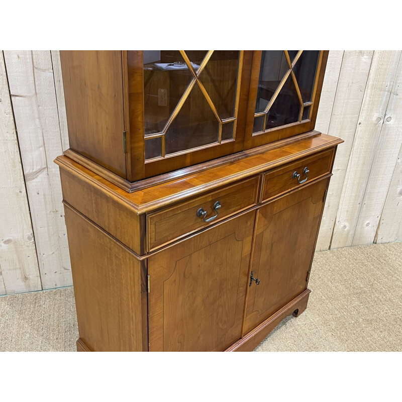 Vintage English highboard with 2 glass bodies in yew, 1950