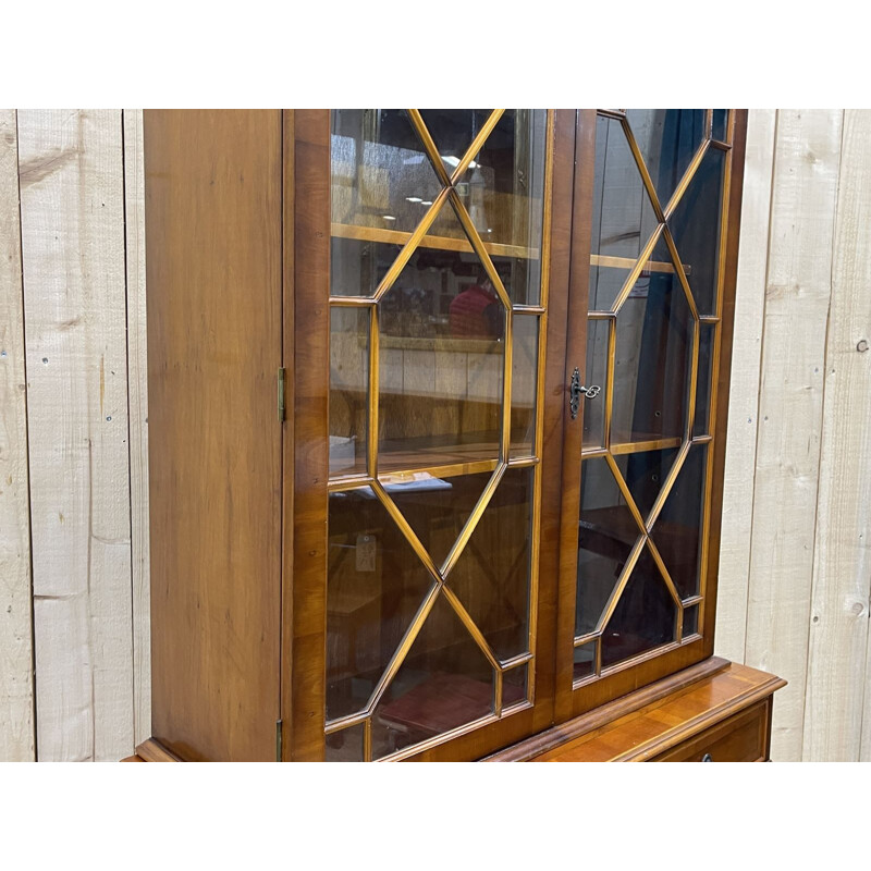 Vintage English highboard with 2 glass bodies in yew, 1950