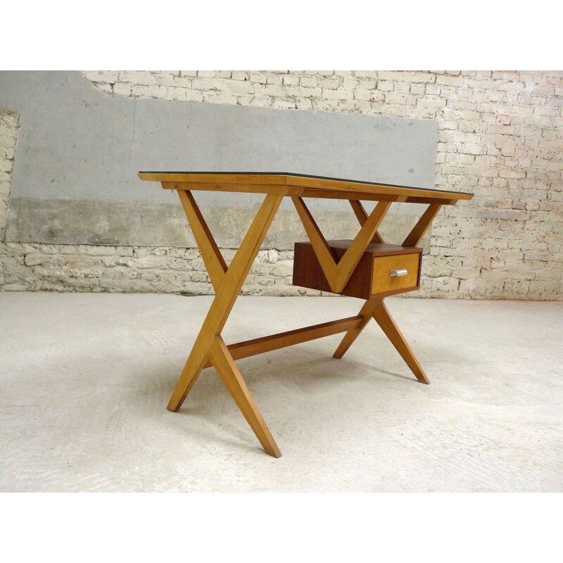 Bureau vintage en hêtre et teck - 1960