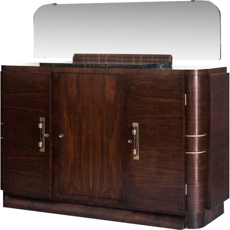 Vintage Art Deco dressoir met spiegel en zwart marmer, Frankrijk 1940