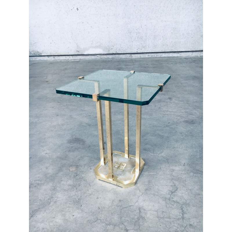 Vintage modernist patinated brass & glass side table model T18 by Peter Ghyczy, Netherlands 1970s