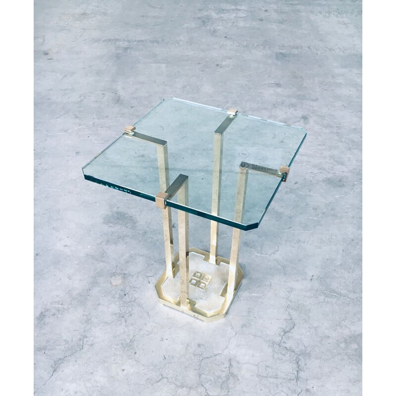 Vintage modernist patinated brass & glass side table model T18 by Peter Ghyczy, Netherlands 1970s