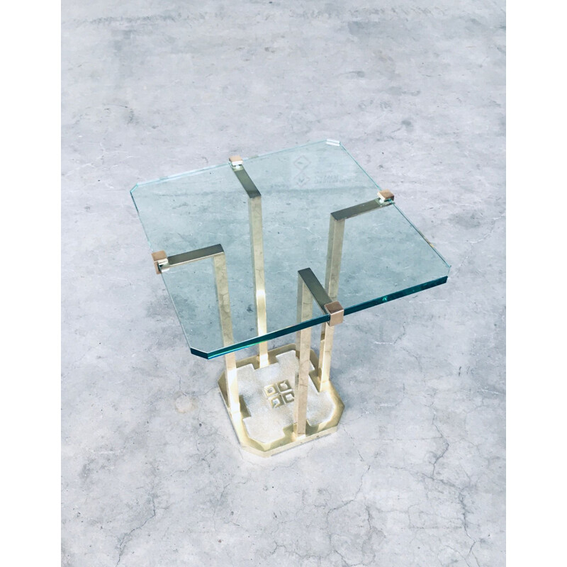 Vintage modernist patinated brass & glass side table model T18 by Peter Ghyczy, Netherlands 1970s
