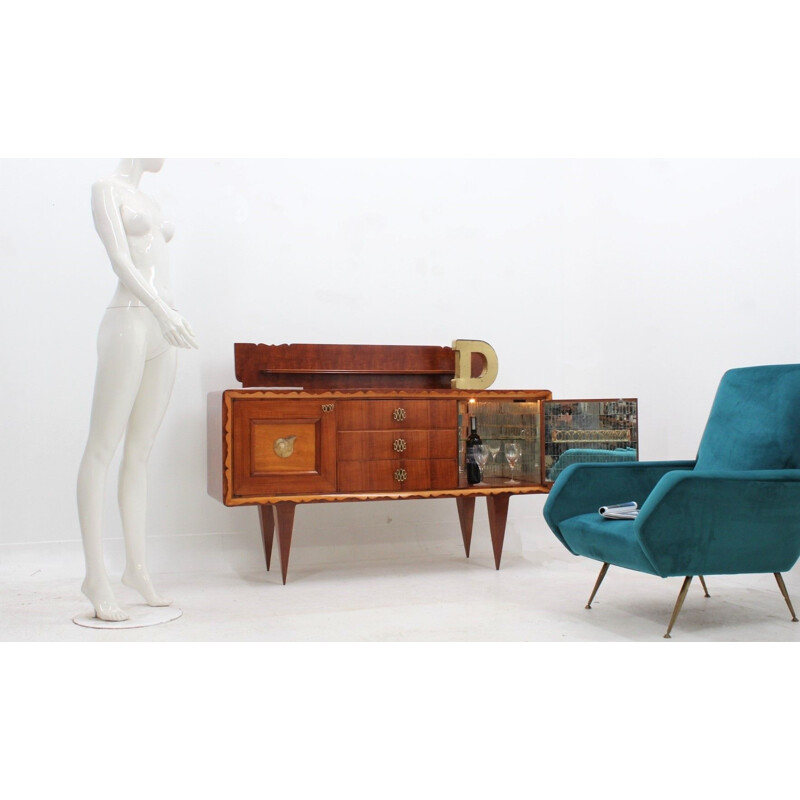 Meuble bar vintage en bois et laiton de Pier Luigi Colli, 1940