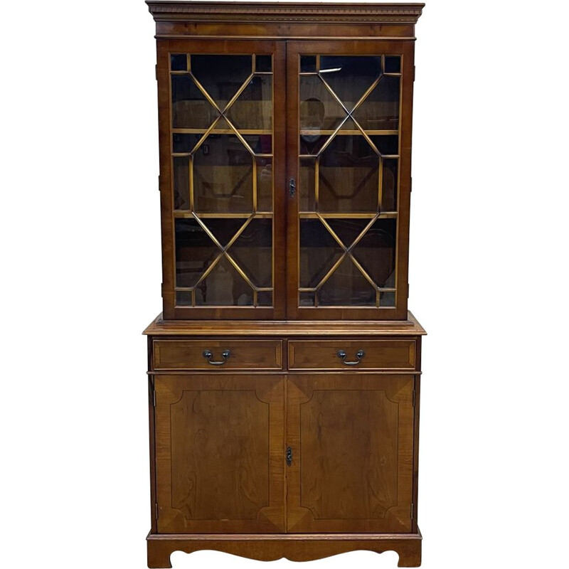 Vintage English highboard with 2 glass bodies in yew, 1950