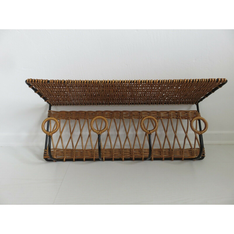 Vintage coat rack in iron and rattan by Jacques Adnet, France 1950