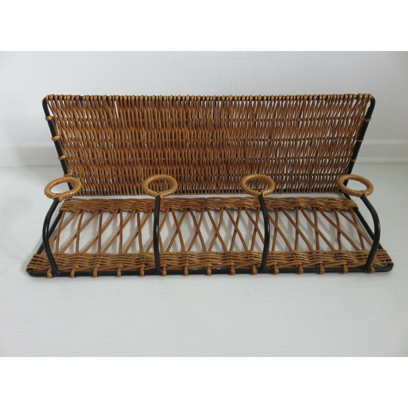 Vintage coat rack in iron and rattan by Jacques Adnet, France 1950