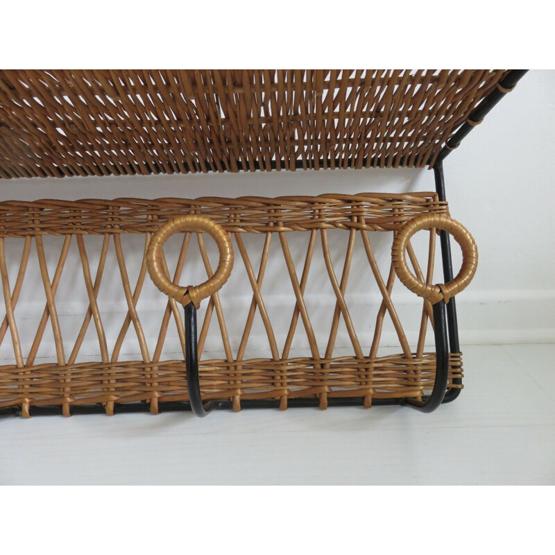 Vintage coat rack in iron and rattan by Jacques Adnet, France 1950