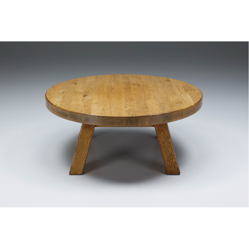 Table basse ronde rustique vintage en bois, 1950