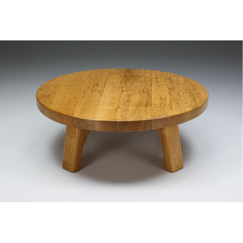 Table basse ronde rustique vintage en bois, 1950