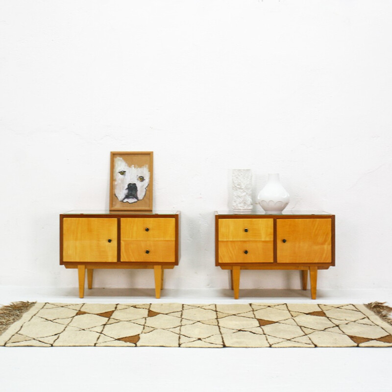 Pair of walnut and maple bedside tables - 1950s