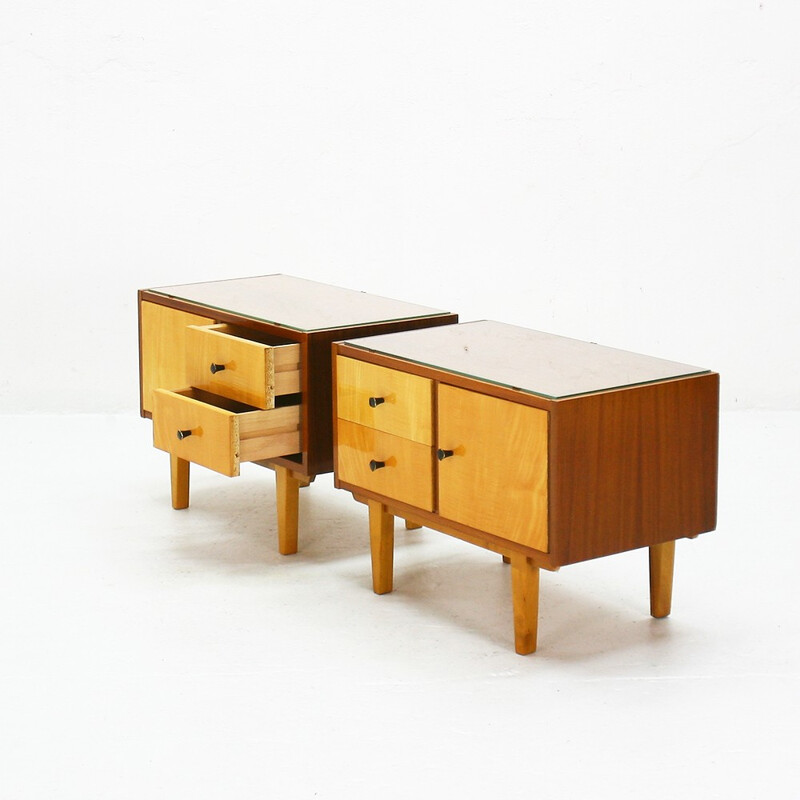 Pair of walnut and maple bedside tables - 1950s