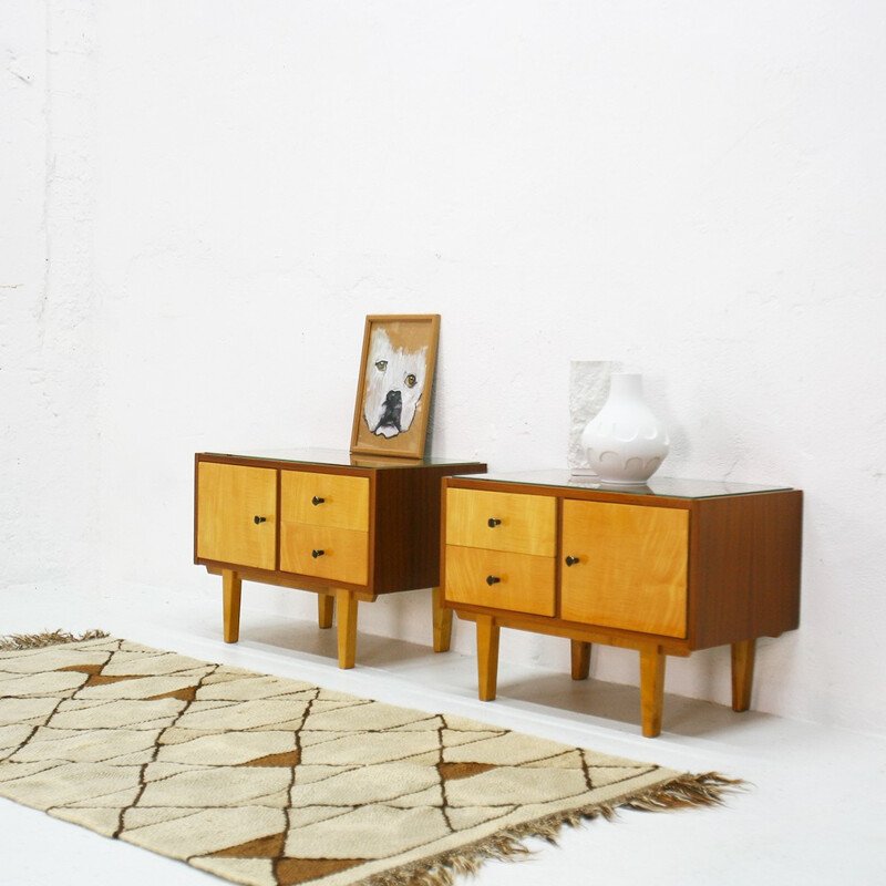 Pair of walnut and maple bedside tables - 1950s