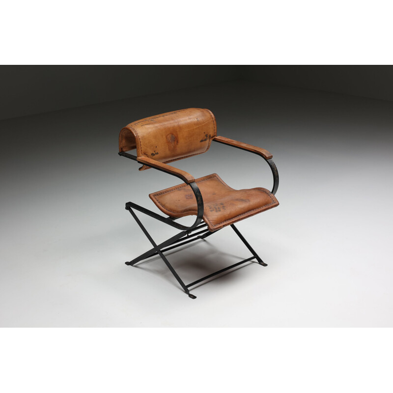 Postmodern vintage leather & metal armchair, 1990s