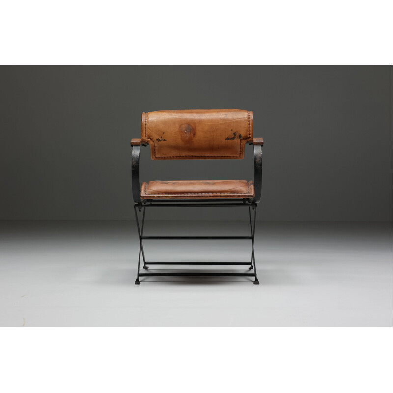 Postmodern vintage leather & metal armchair, 1990s