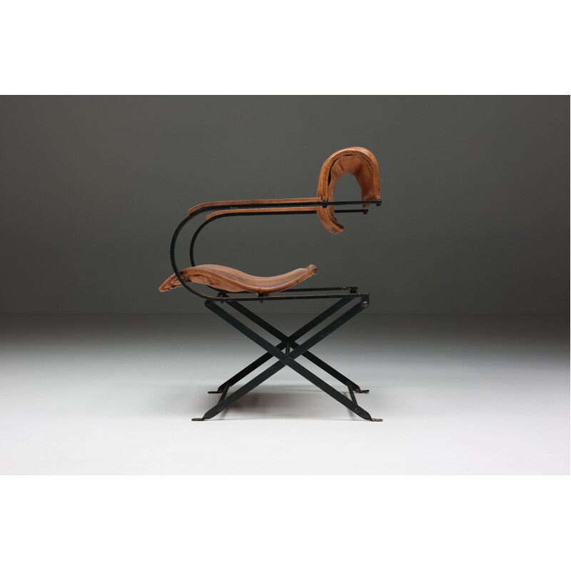 Postmodern vintage leather & metal armchair, 1990s